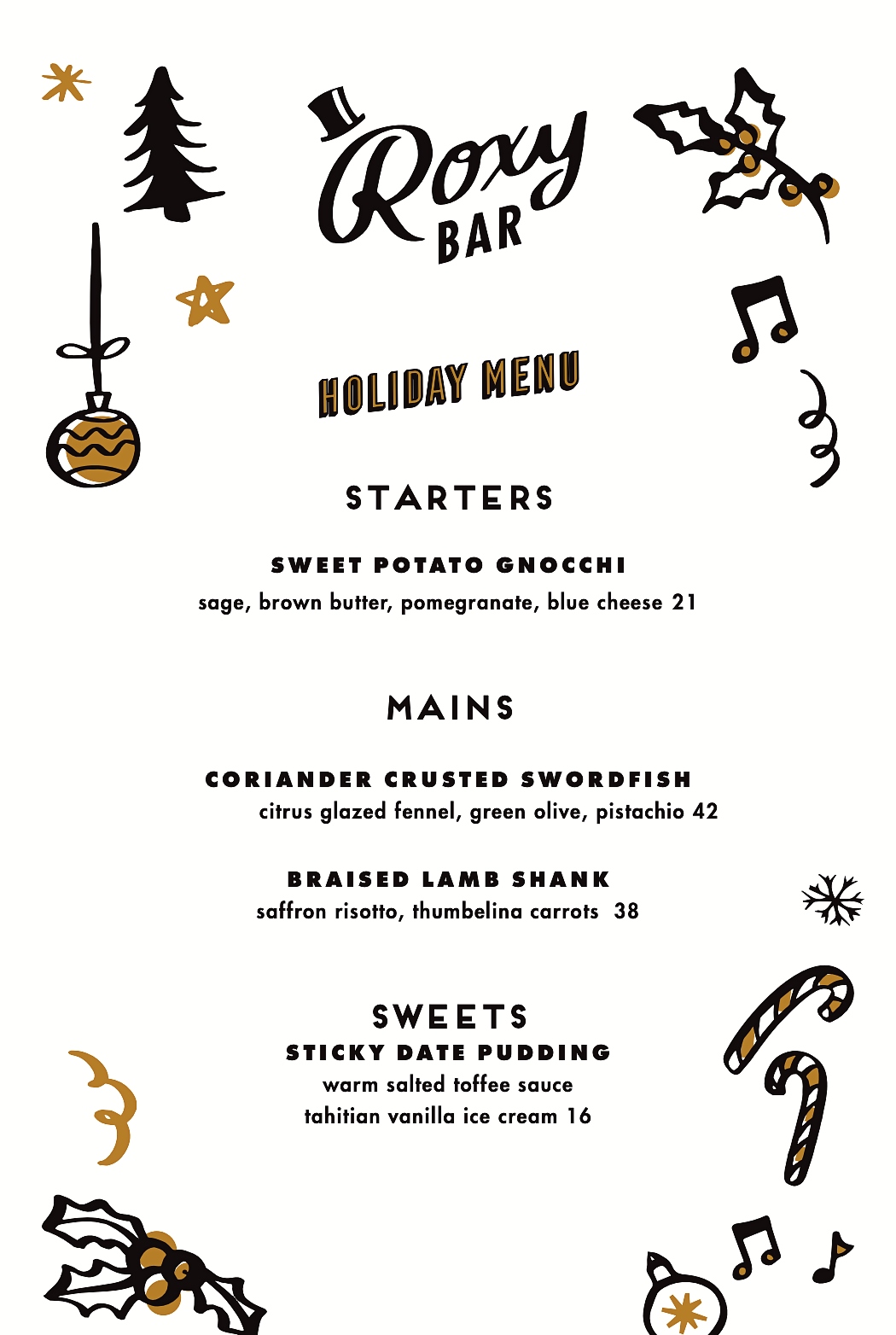 Roxy Bar Christmas 2025 Dinner Menu
