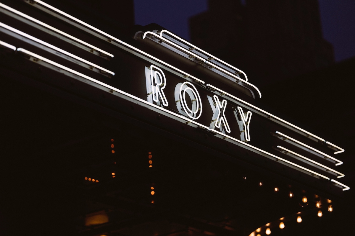Roxy Hotel Neon Marquee in the dark of night.