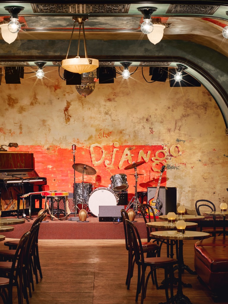 View of The Django Jazz club stage with instruments setup.
